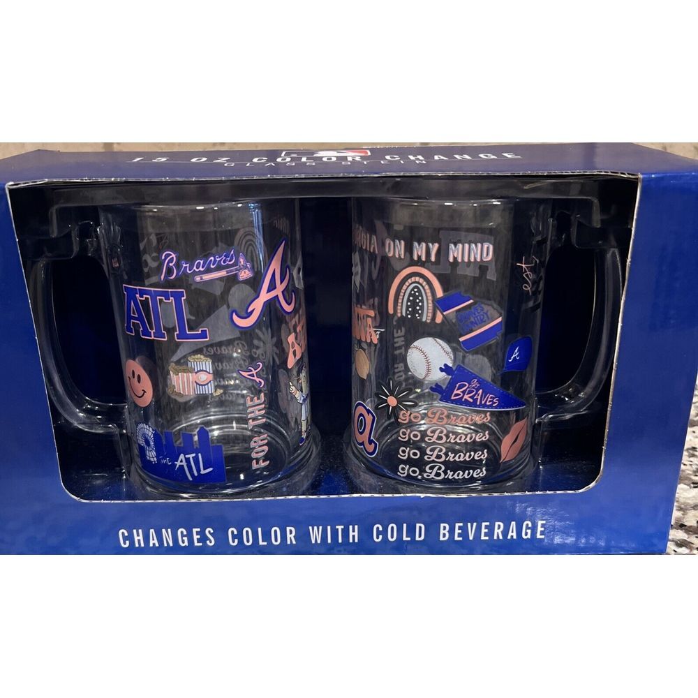 New In Box Set Of 2 NFL Atlanta Braves 15 Oz Color Change Glass Stein Memory Co